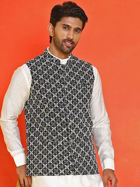 Men’s Black & White Embroidered Nehru Jacket – Sleeveless Viscose Style