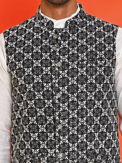 Men’s Black & White Embroidered Nehru Jacket – Sleeveless Viscose Style
