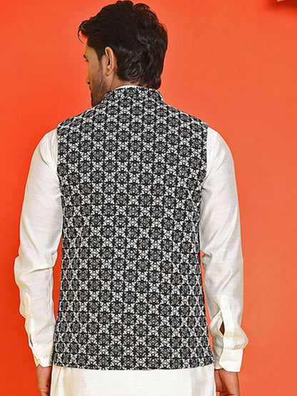 Men’s Black & White Embroidered Nehru Jacket – Sleeveless Viscose Style