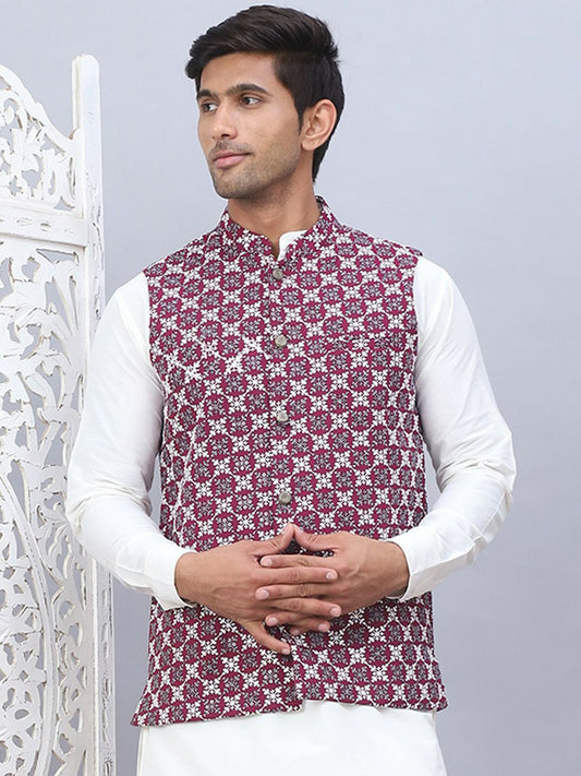 Men’s Purple Embroidered Nehru Jacket – Sleeveless Festive Layer