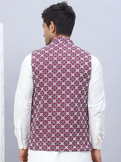 Men’s Purple Embroidered Nehru Jacket – Sleeveless Festive Layer