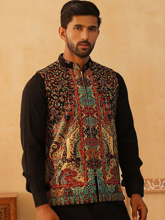 Men’s Black & Red Paisley Print Velvet Nehru Jacket – Sleeveless