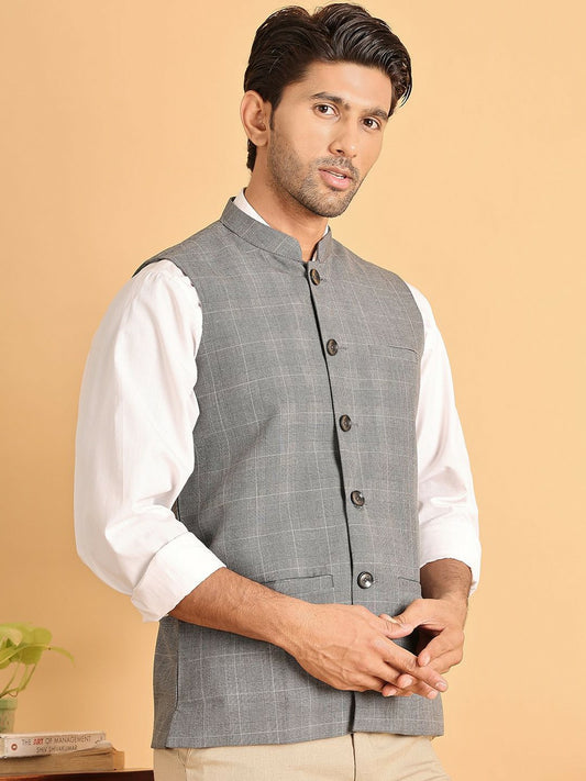 Grey Checked Pure Cotton Nehru Jacket for Men | indiaista