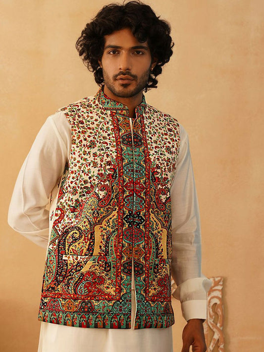 Men’s Cream Printed Velvet Nehru Jacket – Festive Sleeveless Layer