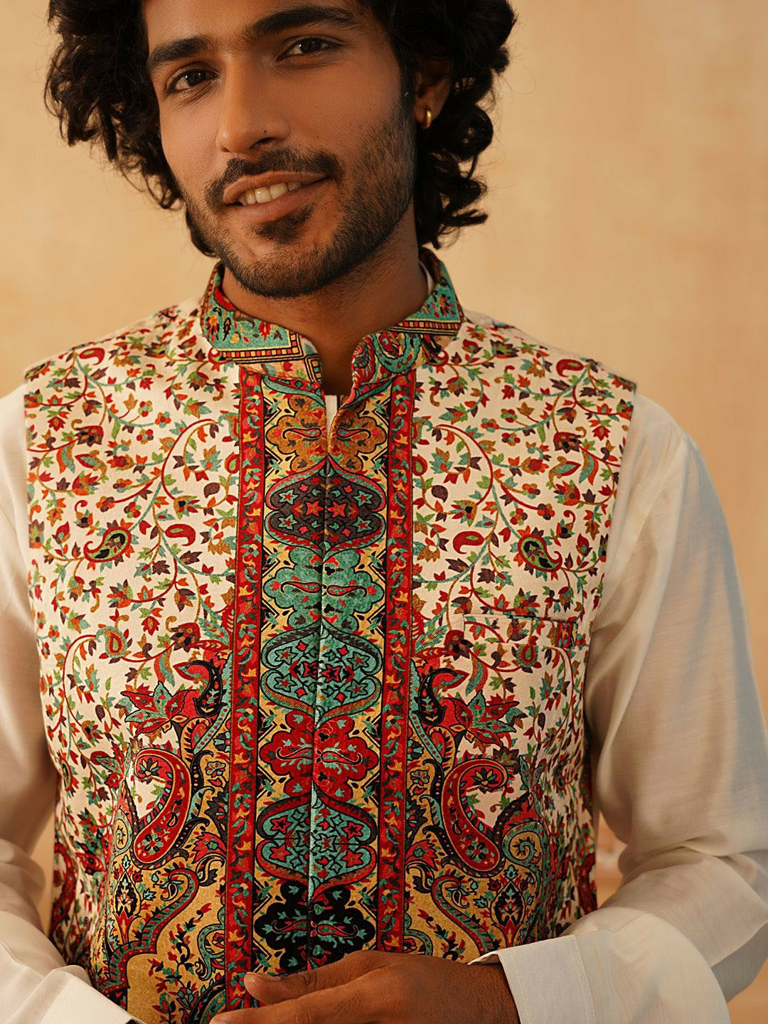 Men’s Cream Printed Velvet Nehru Jacket – Festive Sleeveless Layer
