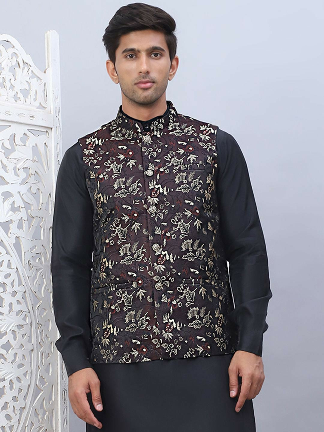 Men’s Maroon Embossed Nehru Jacket – Silk Blend, Sleeveless Design