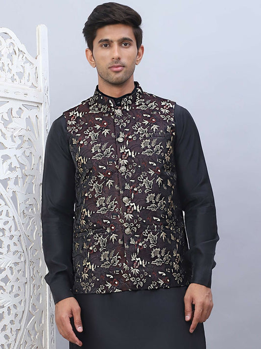 Men’s Maroon Embossed Nehru Jacket – Silk Blend, Sleeveless Design
