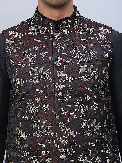 Men’s Maroon Embossed Nehru Jacket – Silk Blend, Sleeveless Design