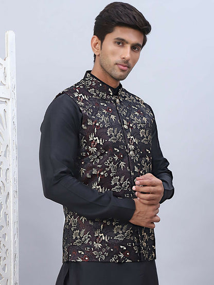 Men’s Maroon Embossed Nehru Jacket – Silk Blend, Sleeveless Design
