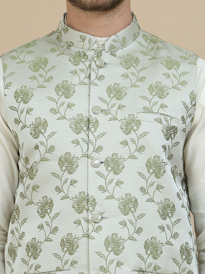 Green Printed Satin Nehru Jacket for Men | indiaista