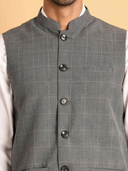 Grey Checked Pure Cotton Nehru Jacket for Men | indiaista