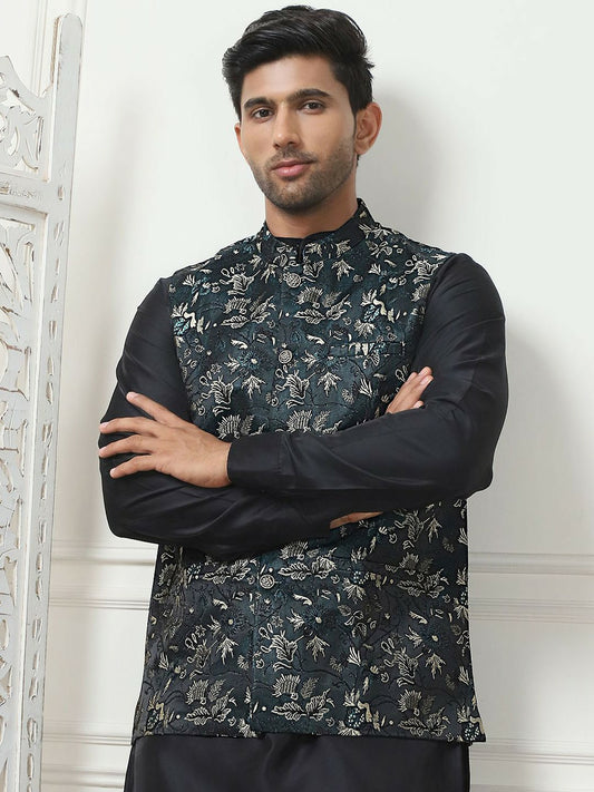 Teal & Beige Printed Embroidered Nehru Jacket for Men – Silk Blend