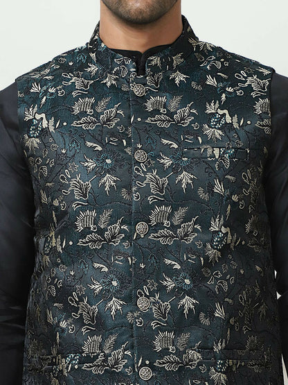 Teal & Beige Printed Embroidered Nehru Jacket for Men – Silk Blend