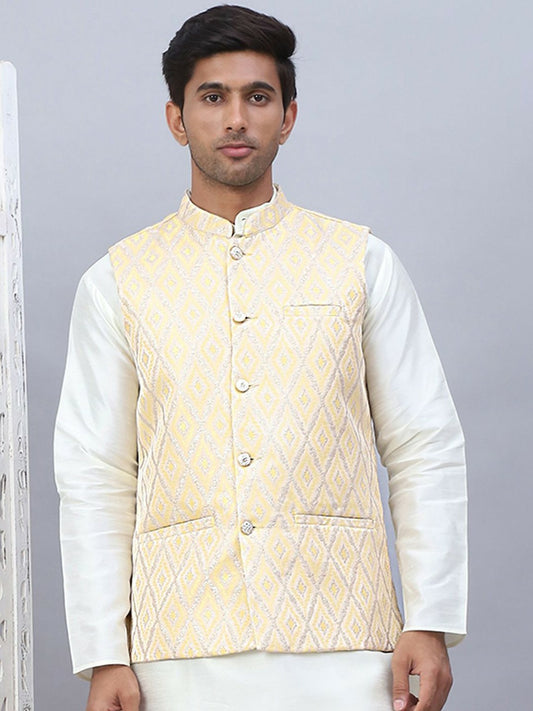 Men’s Yellow Embossed Silk Blend Nehru Jacket – Festive Sleeveless Style
