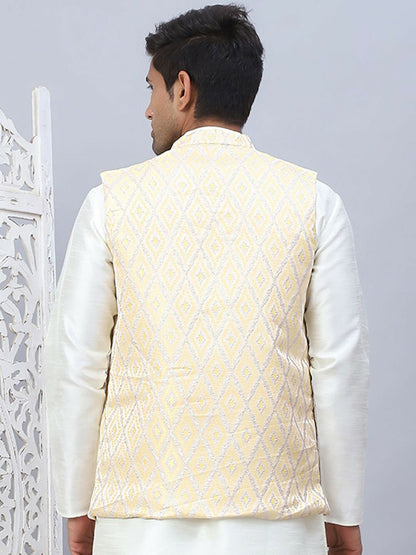 Men’s Yellow Embossed Silk Blend Nehru Jacket – Festive Sleeveless Style