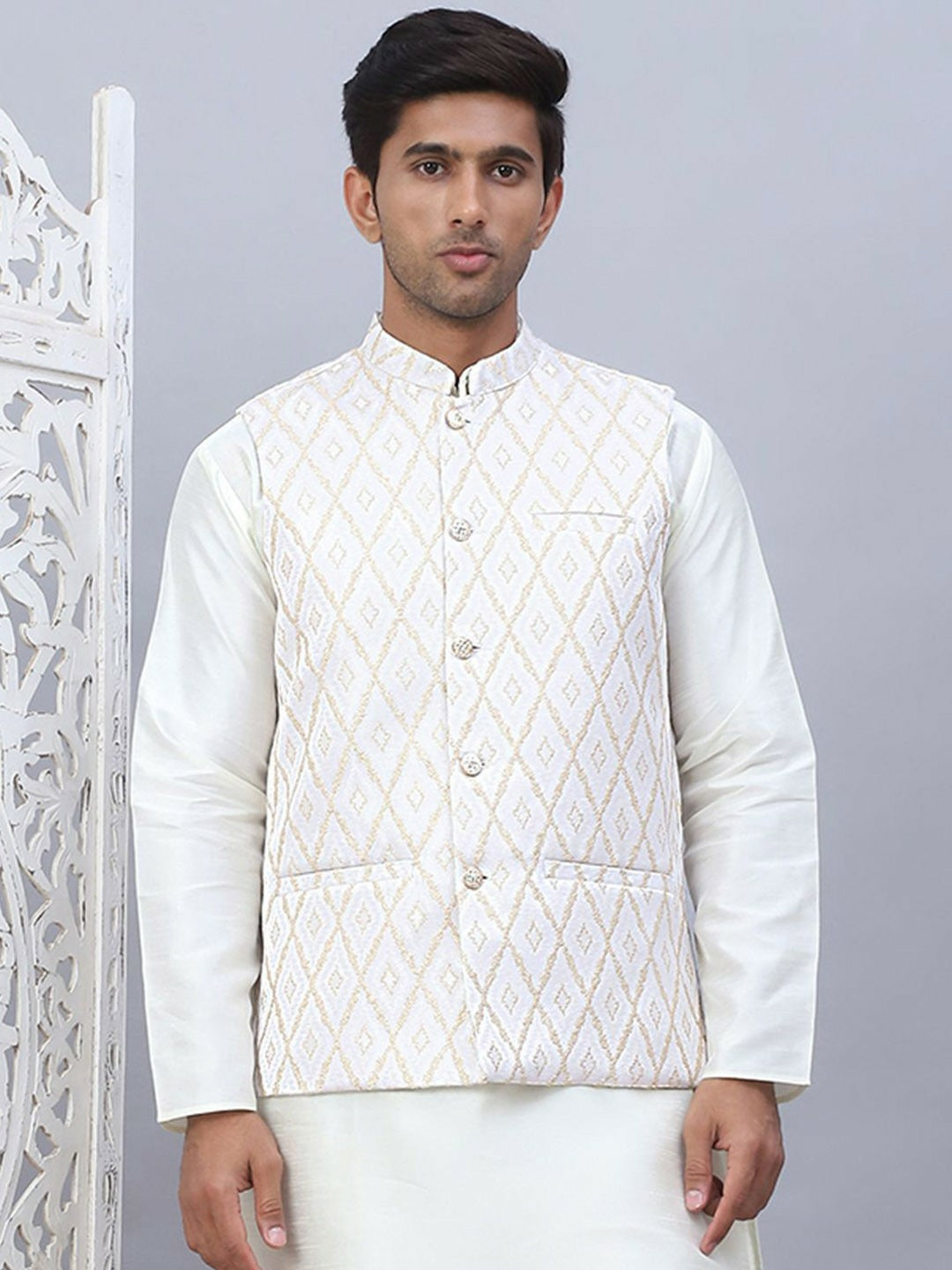 Men’s Cream Embossed Nehru Jacket – Elegant Sleeveless Ethnic Wear
