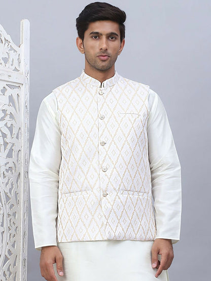 Men’s Cream Embossed Nehru Jacket – Elegant Sleeveless Ethnic Wear