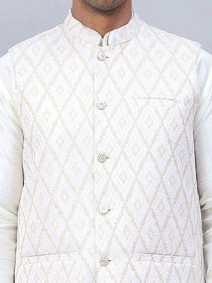 Men’s Cream Embossed Nehru Jacket – Elegant Sleeveless Ethnic Wear