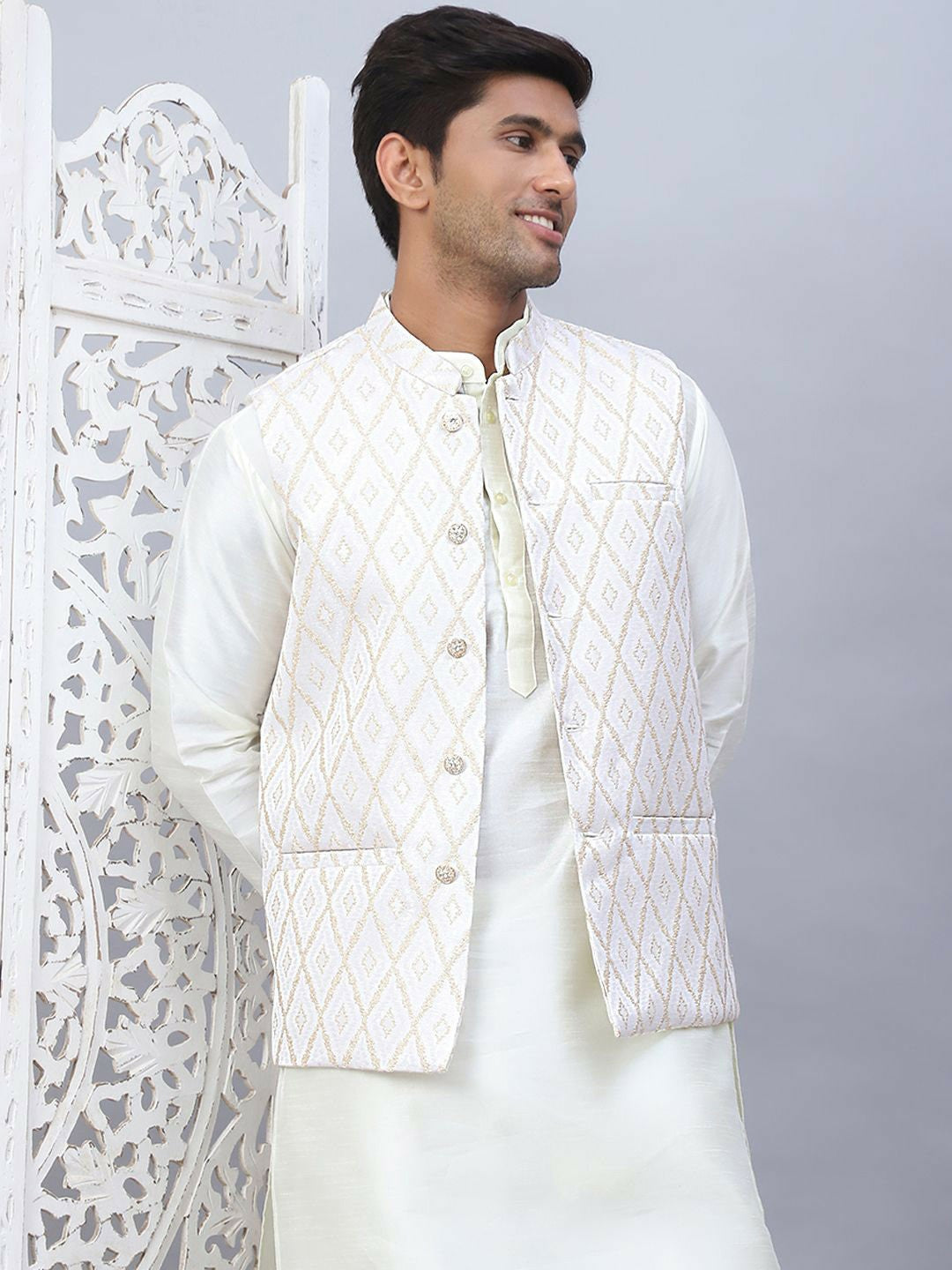 Men’s Cream Embossed Nehru Jacket – Elegant Sleeveless Ethnic Wear
