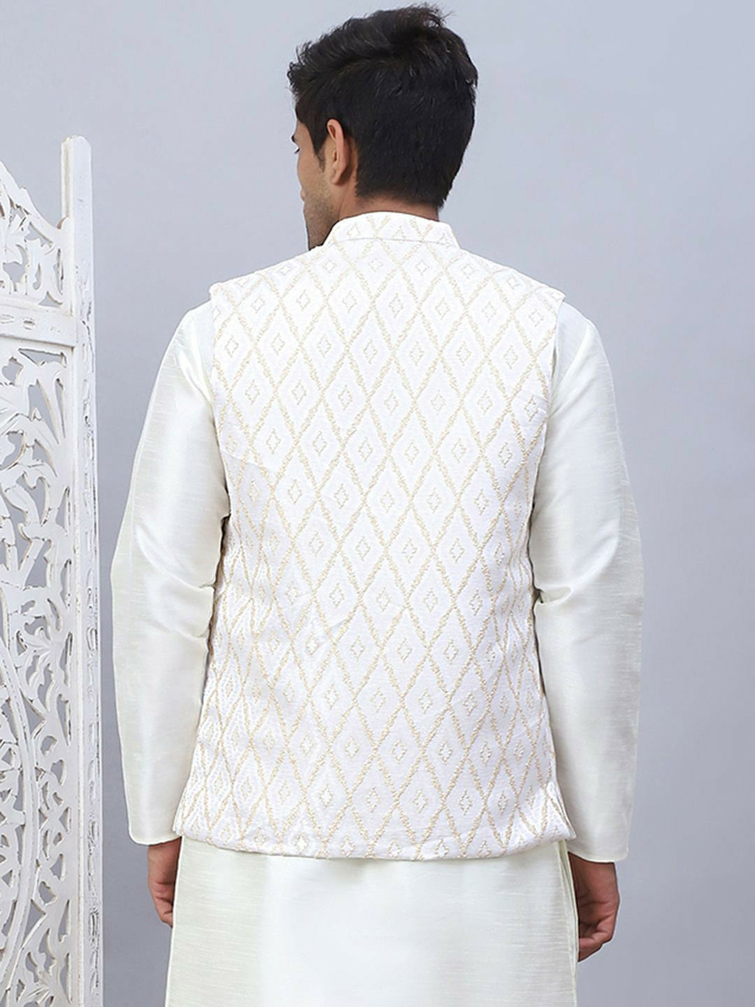 Men’s Cream Embossed Nehru Jacket – Elegant Sleeveless Ethnic Wear