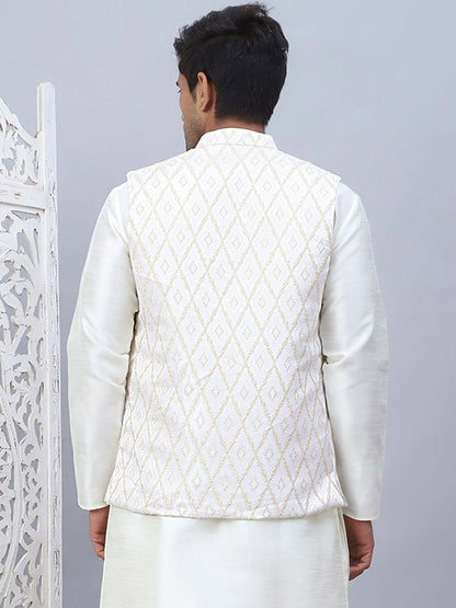 Men’s Cream Embossed Nehru Jacket – Elegant Sleeveless Ethnic Wear