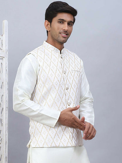 Men’s Cream Embossed Nehru Jacket – Elegant Sleeveless Ethnic Wear