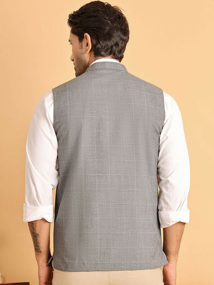 Grey Checked Pure Cotton Nehru Jacket for Men | indiaista