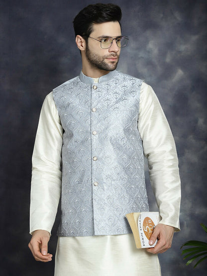 Men’s Grey Sequin Embroidered Nehru Jacket – Satin Silk Sleeveless Festive Wear