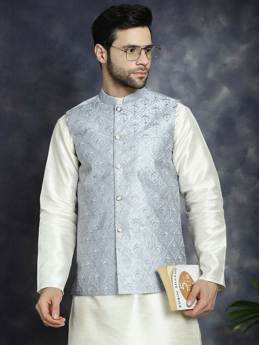 Men’s Grey Sequin Embroidered Nehru Jacket – Satin Silk Sleeveless Festive Wear