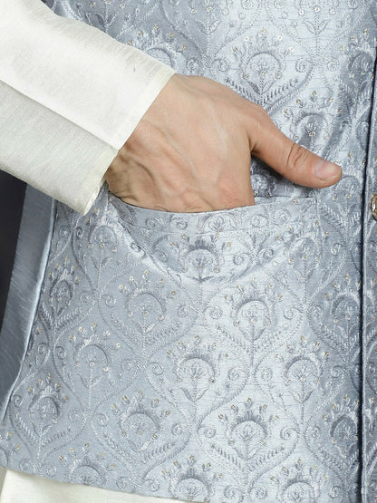 Men’s Grey Sequin Embroidered Nehru Jacket – Satin Silk Sleeveless Festive Wear