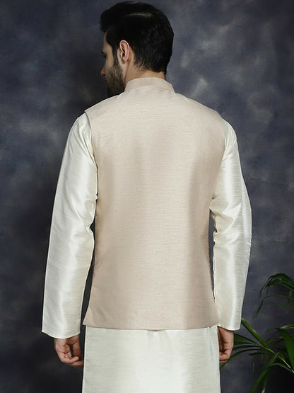Men’s Peach Embroidered Nehru Jacket – Sequinned Silk Blend Ethnic Wear