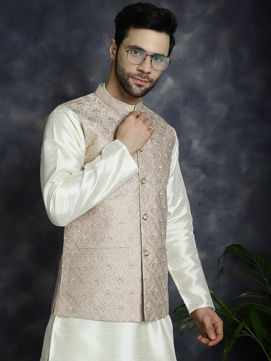 Men’s Peach Embroidered Nehru Jacket – Sequinned Silk Blend Ethnic Wear