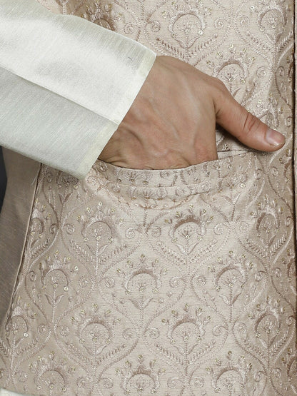 Men’s Peach Embroidered Nehru Jacket – Sequinned Silk Blend Ethnic Wear