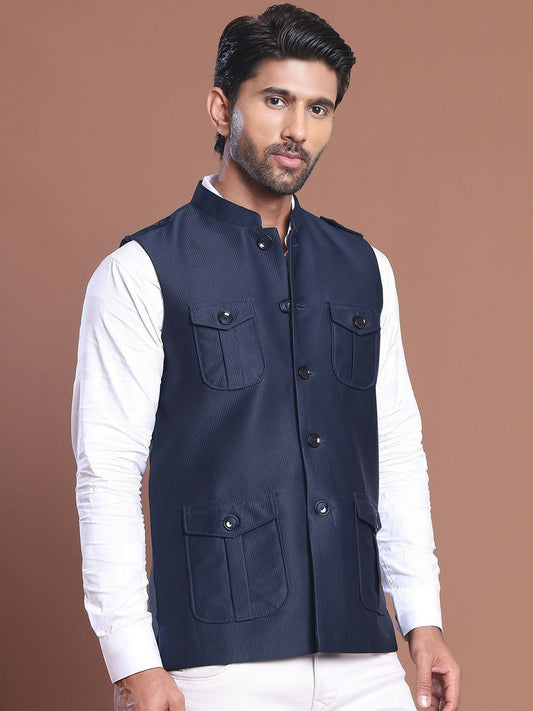 Men’s Navy Blue Solid Velvet Nehru Jacket – Mandarin Collar & 4 Pockets
