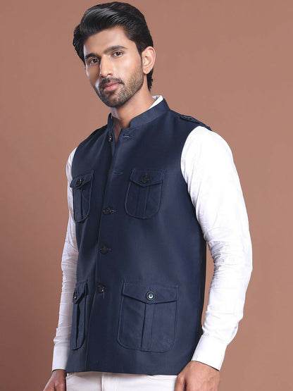 Men’s Navy Blue Solid Velvet Nehru Jacket – Mandarin Collar & 4 Pockets