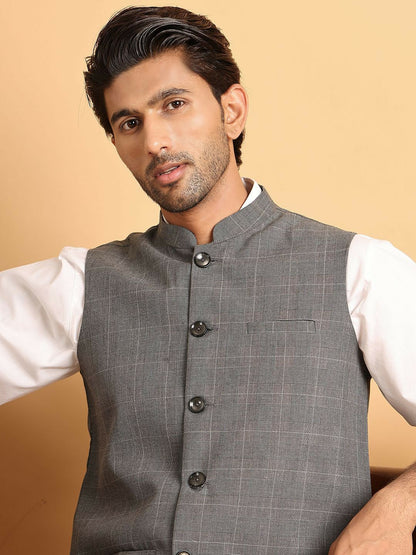 Grey Checked Pure Cotton Nehru Jacket for Men | indiaista