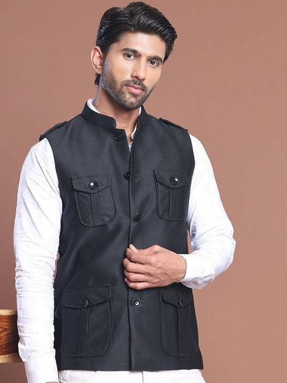 Men’s Black Textured Nehru Jacket – Mandarin Collar & 4 Pocket Design