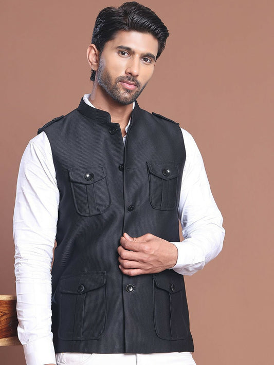 Men’s Black Textured Nehru Jacket – Mandarin Collar & 4 Pocket Design