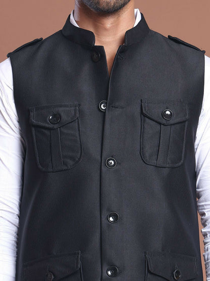 Men’s Black Textured Nehru Jacket – Mandarin Collar & 4 Pocket Design