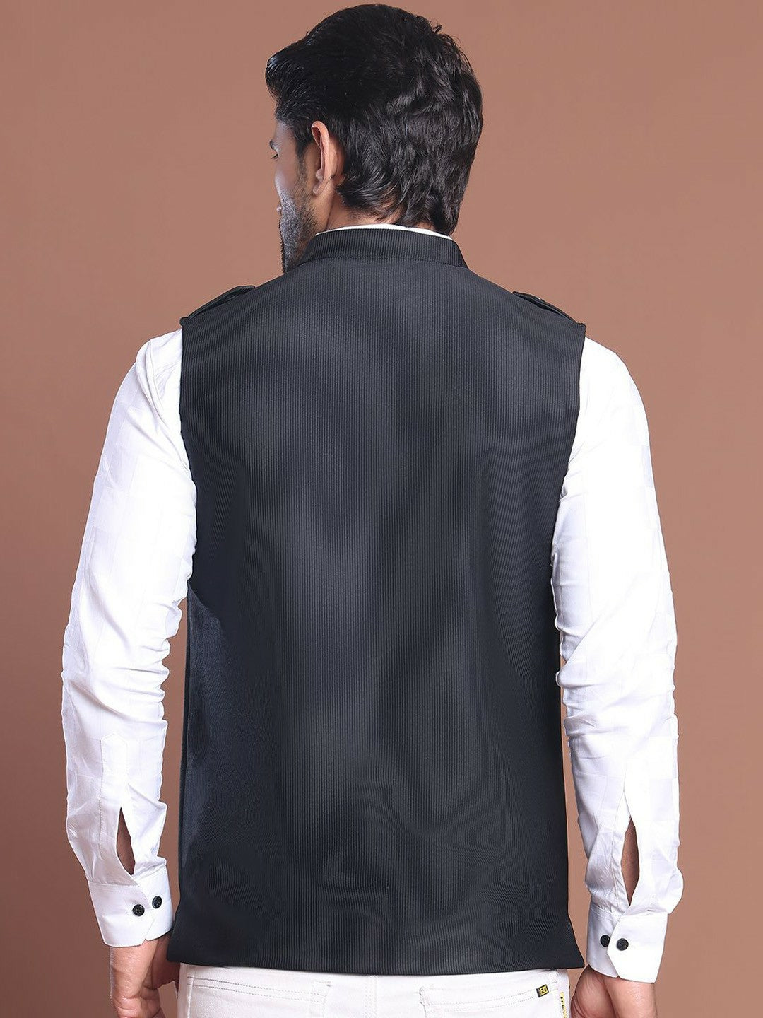 Men’s Black Textured Nehru Jacket – Mandarin Collar & 4 Pocket Design