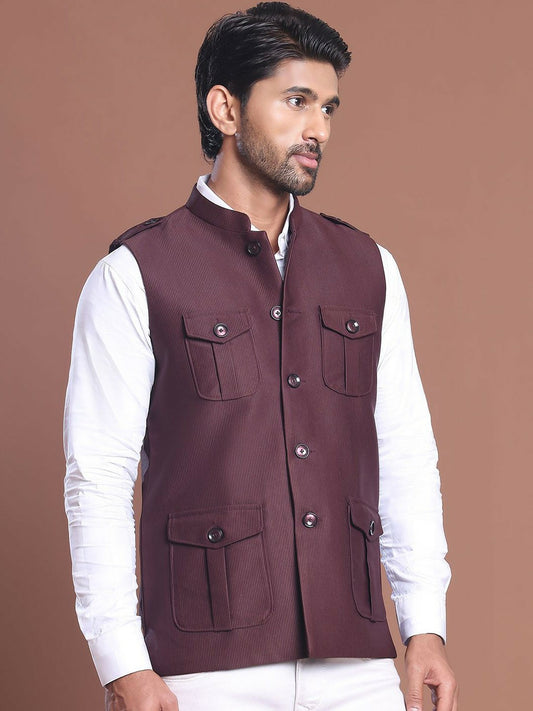Men’s Maroon Solid Nehru Jacket with 4 Pockets