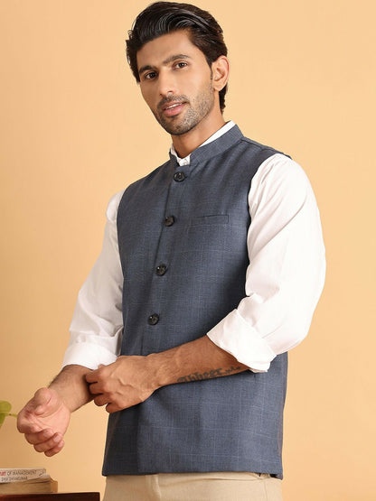 Refined Blue Check Nehru Jacket in Cotton for Men | Indiaista