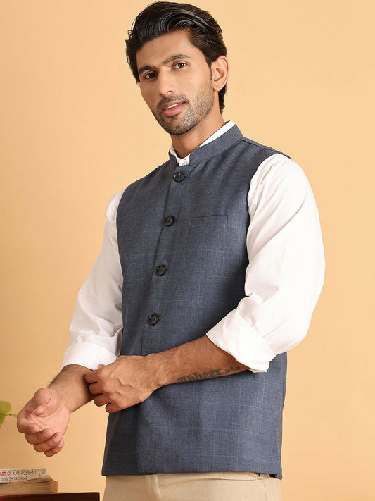 Refined Blue Check Nehru Jacket in Cotton for Men | Indiaista