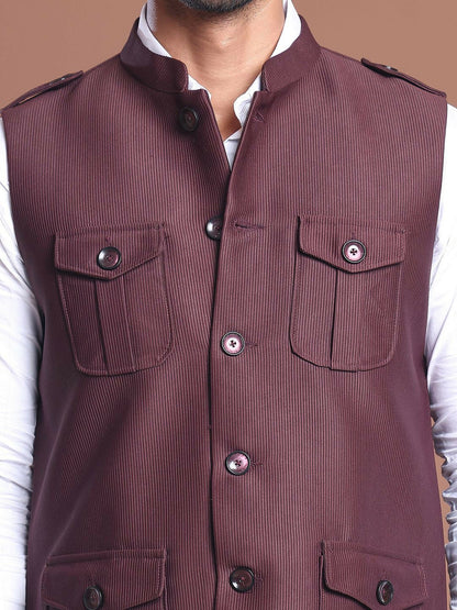 Men’s Maroon Solid Nehru Jacket with 4 Pockets