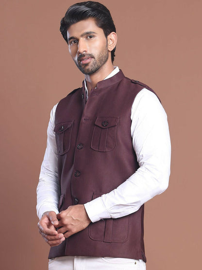 Men’s Maroon Solid Nehru Jacket with 4 Pockets