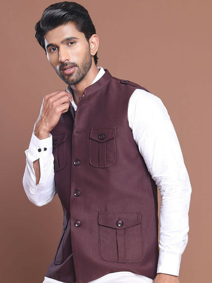Men’s Maroon Solid Nehru Jacket with 4 Pockets