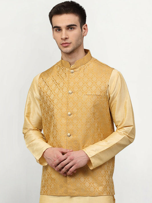 Men’s Gold Woven Design Nehru Jacket with Pocket Square