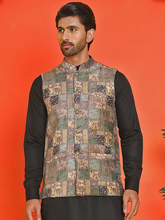 Men’s Peach Embroidered Nehru Jacket
