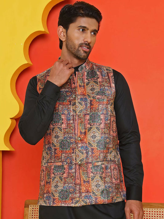 Men’s Peach Embroidered Nehru Jacket