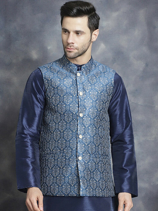 Men’s Navy Blue & White Printed Nehru Jacket
